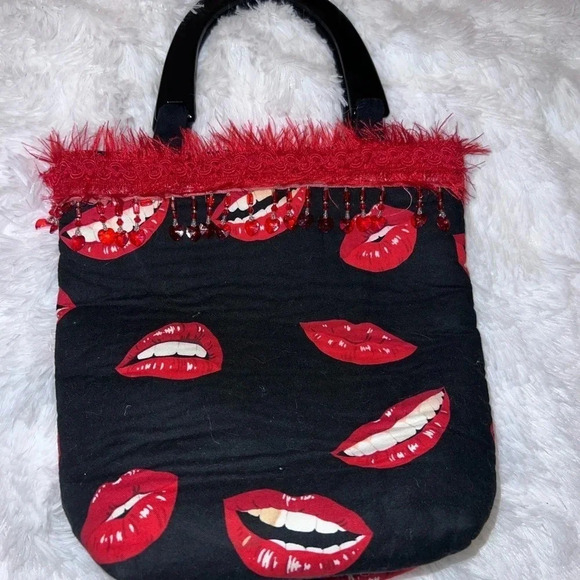 Lips Kissy Face Mouth Y2K Mini Tote/Purse 90s Fringe Rhinestone & Feather Detail - Picture 4 of 5